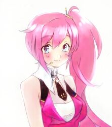  blue_eyes breasts cillia cleavage commentary_request female headphones large_breasts long_hair looking_at_viewer pink_hair side_ponytail simple_background smile solo uni_(vocaloid) upper_body very_long_hair vest vocaloid white_background 