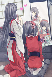  2girls ^_^ ^o^ altar bad_id bad_pixiv_id black_hair brown_eyes brown_hair closed_eyes drawer dutch_angle flower hair_ribbon head_tilt heart indoors japanese_clothes kimono kozukata_(oshiro_project) long_hair long_sleeves mirror morioka_(oshiro_project) multiple_girls oshiro_project:re photo_(object) pillow reflection ribbon sash seiza shelf sitting socks sorari_(trialerror) tabi tassel vase white_legwear wide_sleeves yuri 