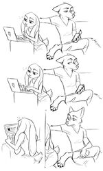  2017 3:5 absurd_res anthro black_and_white canid canine cellphone clothing computer disney duo electronics female fox hi_res judy_hopps lagomorph laptop leporid male mammal monochrome nick_wilde phone rabbit red_fox samaella simple_background sitting true_fox white_background zootopia 