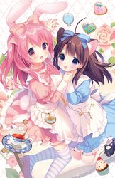  2girls :d alice_(alice_in_wonderland) alice_(alice_in_wonderland)_(cosplay) alice_in_wonderland animal_ears black_hair book bow cat_ears cherry circle_name collaboration commentary_request cosplay cupcake eat_me flower food fruit hairbow heart key long_hair looking_at_viewer multiple_girls open_book open_mouth original pendant_watch pink_hair piyodera_mucha print_cup purple_eyes rabbit_ears red_eyes sakura_(usashiro_mani) smile striped_clothes striped_thighhighs sugar_cube tail thighhighs usashiro_mani watch 