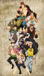  6+boys basil_hawkins black_hair blue_vest capone_gang_bege character_name eustass_captain_kid female green_hair hat jewelry_bonney killer_(one_piece) lovejunky monkey_d_luffy multiple_boys one_piece open_clothes open_shirt orange_hair patterned_legwear pink_hair polka_dot_shirt raglan_sleeves red_hair roronoa_zoro sabaody_archipelago scar scratchmen_apoo shirt striped striped_shirt supernova trafalgar_law urouge x_drake 