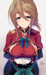  artist_name blurry blush braid breasts brown_hair closed_mouth commentary_request depth_of_field female fukai_ryosuke gloves gradient_background green_eyes hair_between_eyes half-closed_eyes heishishourinken_(tenka_hyakken) large_breasts long_hair looking_at_viewer own_hands_together sideboob sidelocks signature smile solo tenka_hyakken thick_eyebrows upper_body white_gloves 