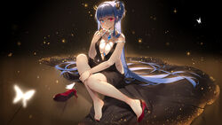  absurdres alternate_costume alternate_hairstyle applying_makeup azur_lane backless_dress backless_outfit bangs between_breasts black_dress blue_eyes blue_hair blush braid breasts bug butterfly cleavage collarbone commentary diamond dress earrings eyebrows_visible_through_hair french_braid glowing glowing_eyes hair_up heterochromia high_heels highres holding_lipstick horns ibuki_(azur_lane) insects jewelry large_breasts light_particles long_hair looking_at_viewer maya_g nail_polish necklace open_mouth ponytail red_eyes red_footwear red_lips red_nails sapphire_(stone) shoe_removed shoes sideboob sidelocks signature single_shoe sitting solo sparkle strap_slip symbol_commentary very_long_hair 