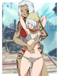  2girls bikini breasts brown_skin cecie_(gravity_daze) daga gravity_daze gravity_daze_2 lisa_(gravity_daze) looking_at_the_viewer mother_and_daughter multiple_girls navel open_mouth sad_face small_breasts smile swimsuit tagme tattoo white_hair yellow_eye 