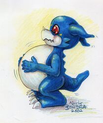  2002 anthro bandai_namco belly better_version_at_source blue_body blue_skin digimon digimon_(species) hi_res inflation male nick_bondra red_eyes simple_background solo veemon 