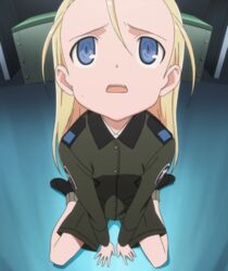  anime_screenshot antenna_hair blonde_hair blue_eyes elise_von_dietrich female flat_chest forehead long_hair looking_up military military_uniform shoes shorts sky_girls socks solo stitched third-party_edit uniform 