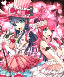  2girls :d bare_shoulders black_hair blue_eyes bow breasts commentary_request cosplay costume_switch danganronpa:_trigger_happy_havoc danganronpa_(series) detached_sleeves dress dress_flower earrings elizabeth_bathory_(fate) elizabeth_bathory_(fate/extra_ccc) elizabeth_bathory_(fate/extra_ccc)_(cosplay) elizabeth_bathory_(third_ascension)_(fate) elizabeth_bathory_(third_ascension)_(fate)_(cosplay) fate/grand_order fate_(series) flower gloves hair_ornament hairbow hairclip hand_up hat hat_flower heart holding holding_microphone horns idol jewelry long_hair long_sleeves looking_at_viewer maizono_sayaka maizono_sayaka_(cosplay) microphone microphone_stand multiple_girls oerba_yun_fang open_mouth pink_dress pink_hair pink_hat red_flower red_rose rose small_breasts smile striped_clothes striped_headwear stuffed_animal stuffed_rabbit stuffed_toy takashi_(onikukku) teddy_bear two_side_up vertical-striped_clothes vertical-striped_headwear white_gloves 