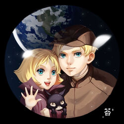  1boy aged_down animal artesia_som_deikun bad_id bad_pixiv_id blonde_hair blue_eyes casval_rem_deikun char_aznable earth_(planet) feline female gundam hat lolicon mobile_suit_gundam mobile_suit_gundam_the_origin open_mouth photoshop_(medium) planet sayla_mass short_hair signature space tai_(poppintai) uniform upper_body 