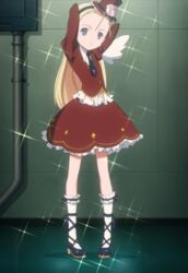  alternate_costume anime_screenshot antenna_hair arms_up blonde_hair blue_eyes dress elise_von_dietrich female flat_chest forehead frilled_dress frills hairband hat highres long_hair necktie red_dress shoes sky_girls socks solo sparkle stitched third-party_edit 