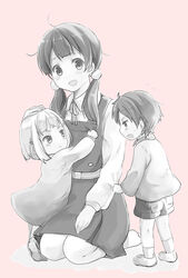  1boy 2girls :d :t aged_down bad_id bad_pixiv_id hand_on_head kindergarten_uniform kitashirakawa_tamako lolicon long_hair low_twintails miton_(ton321) monochrome multiple_girls ooji_mochizou open_mouth pink_background pink_theme pout school_uniform shorts smile spot_color tamako_market time_paradox tokiwa_midori twintails 