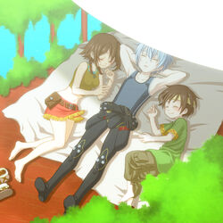  2boys amy_(suisei_no_gargantia) barefoot bebel_(suisei_no_gargantia) blanket bodysuit braid brown_hair closed_eyes commentary_request en_(tenentan) female ledo_(suisei_no_gargantia) multiple_boys short_hair silver_hair skirt sleeping suisei_no_gargantia twin_braids 