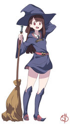  :d arm_behind_head arm_up bad_id bad_pixiv_id belt blunt_bangs boots broom brown_hair collared_shirt commentary_request dress female full_body gochiwa hat highres holding holding_broom kagari_atsuko knee_boots legs little_witch_academia long_hair long_sleeves looking_at_viewer open_mouth red_eyes shirt short_dress sidelocks signature simple_background smile solo standing white_background wide_sleeves witch_hat 