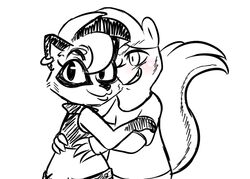  2017 anthro blush claws clothed clothing disney duo ear_piercing fan_character female hug hugh_muskroura inkyfrog looking_at_viewer male mammal mephitid piercing procyonid raccoon roxy_(inkyfrog) simple_background skunk smile spot_color white_background zootopia 