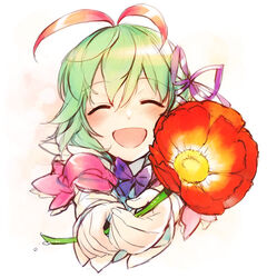  :d ^_^ akiyoshi_haru antennae bad_id blush bow bowtie closed_eyes female fingernails flower foreshortening green_hair hair_between_eyes hair_ribbon happy kohaku_(rune_factory) open_mouth ribbon rune_factory rune_factory_4 short_hair short_sleeves smile solo 