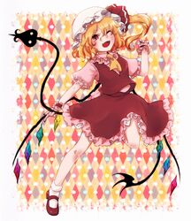  ;d blonde_hair commentary_request female flandre_scarlet hat laevatein_(touhou) long_hair mary_janes one_eye_closed open_mouth shoes side_ponytail skirt skirt_set smile solo touhou urita_(vivivinicol) wings wrist_cuffs 