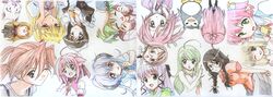  1boy 6+girls akaza_akane animal animal_ears annotated bakemonogatari bird blonde_hair charle_(fairy_tail) colored_pencil_(medium) commentary_request crossover dog_days dog_ears dog_girl elfleda_mirjasdottir esmeralda_(mawaru_penguindrum) fairy_tail fujieda_nanae fukuji_mihoko graphite_(medium) hanekawa_tsubasa hanyuu higurashi_no_naku_koro_ni horie_yui inukami! jinjin-roririn komiya_yuzu lotte_no_omocha! mahou_sensei_negima! mawaru_penguindrum millhiore_f._biscotti miyanokouji_mizuho monogatari_(series) multi_(to_heart) multiple_girls nekogami_yaoyorozu one_eye_closed otoko_no_ko otome_wa_boku_ni_koishiteru penguin saki_(manga) sakuya_(sister_princess) sasaki_makie sawachika_eri school_rumble siesta_(zero_no_tsukaima) sister_princess sky_girls to_heart to_heart_(series) traditional_media upside-down voice_actor_connection youko_(inukami) yuru_yuri zero_no_tsukaima 