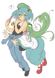  2girls bad_id bad_pixiv_id bare_shoulders blue_eyes blue_hair blush breasts closed_eyes clothes_around_waist commentary_request detached_sleeves dress frog_hair_ornament full-face_blush green_hair hair_bobbles hair_ornament hair_tubes highres kawashiro_nitori kochiya_sanae long_hair looking_at_viewer mary_janes medium_breasts multiple_girls outstretched_arms pants screwdriver shirokuma_(nankyoku) shirt shirt_around_waist shoes short_hair simple_background skirt skirt_set snake_hair_ornament surprised tank_top touhou towel towel_around_neck tripping two_side_up very_long_hair white_background 