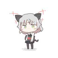  animal_ears blush_stickers cat_ears cat_girl cat_tail chibi commentary_request female green_eyes grey_hair hirschgeweih_antennas honda_takashi_(enorea) pantyhose partial_commentary pillow sanya_v._litvyak solo strike_witches tail world_witches_series 