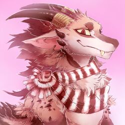  1:1 brown_body brown_fur bust_portrait clothing digital_media_(artwork) dragon ekin fangs feral fur furred_dragon furred_scalie horn kemono long_ears long_horn looking_at_viewer low_res m5-memyou male misin_(frightened_shards) mythological_creature mythological_scalie mythology portrait red_eyes scalie scarf smile solo teeth wings 