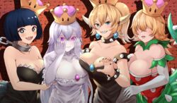  4girls aqua_eyes bad_id bad_pixiv_id bare_shoulders black_dress black_nails blonde_hair blue_hair blunt_bangs blush bob_cut bowsette bracelet breast_press breasts brick_wall brooch chain_leash chains chest_jewel choker claw_pose cleavage collar collarbone commentary covering_face crown dress earrings elbow_gloves fangs fangs_out frilled_collar frilled_dress frilled_gloves frills gloves green_skirt haido_(ryuuno_kanzume) hair_between_eyes hair_over_eyes hands_on_own_cheeks hands_on_own_face highres horns jewelry large_breasts layered_clothes leash light light_purple_hair long_hair looking_at_viewer luigi&#039;s_mansion mario_(series) multiple_girls nail_polish new_super_mario_bros._u_deluxe open_mouth pale_skin polka_dot polka_dot_dress princess_chain_chomp princess_king_boo princess_piranha_plant puffy_short_sleeves puffy_sleeves purple_eyes shadow sharp_teeth shiny_clothes shiny_skin short_hair short_sleeves shy sidelocks skirt smile sphere_earrings spiked_bracelet spiked_collar spiked_tail spikes strapless strapless_dress super_crown tail teeth thick_eyebrows upper_body very_long_hair waist_cape white_choker white_gloves 