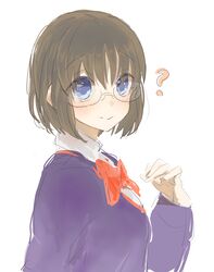  ? blue_eyes blush breasts brown_hair fate/prototype fate_(series) female glasses ribbon sajou_ayaka short_hair smile 