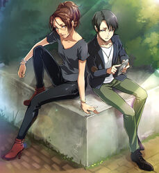  1boy arm_support bad_id bad_pixiv_id black_footwear black_hair black_jacket black_pants boots bracelet brown_eyes brown_hair collarbone commentary_request contemporary day female full_body glasses green_pants grey_shirt hange_zoe high_ponytail highres holding jacket jewelry lens_flare levi_(shingeki_no_kyojin) necklace null_(chronix) open_clothes open_jacket outdoors pants parted_lips red_footwear shingeki_no_kyojin shiny_clothes shirt short_hair short_sleeves sitting sunlight white_shirt 