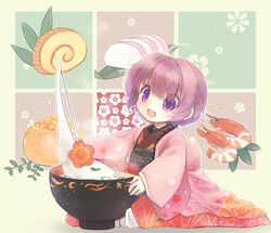  bad_id bad_pixiv_id biyon bowl chopsticks datemaki_(food) female floral_print food hat japanese_clothes kamaboko kimono long_sleeves mini_person minigirl mochi mochi_trail obi open_mouth photoshop_(medium) purple_eyes purple_hair revision sash shrimp sitting smile solo sukuna_shinmyoumaru touhou unworn_hat unworn_headwear wide_sleeves zouni_soup 