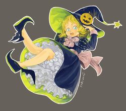  2015 aged_down artesia_som_deikun black_dress black_footwear blonde_hair bloomers blue_eyes commentary_request dress eyelashes female full_body grey_background gundam hat hat_ornament jack-o&#039;-lantern kaki2015 lolicon long_sleeves looking_at_viewer mobile_suit_gundam mobile_suit_gundam_the_origin no_socks open_mouth petticoat pointy_footwear round_teeth sash sayla_mass shoes short_hair signature simple_background solo teeth underwear upskirt winged_footwear wings witch witch_hat 