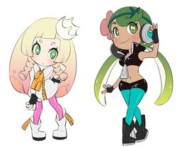  +_+ 2girls bad_id bad_twitter_id blonde_hair boots braid commentary_request company_connection cosplay crop_top crown dark-skinned_female dark_skin djmn_c fingerless_gloves flower gloves green_eyes green_hair hair_flower hair_ornament headphones lillie_(pokemon) long_hair mallow_(pokemon) marina_(splatoon) marina_(splatoon)_(cosplay) midriff multiple_girls nintendo pantyhose pantyhose_under_shorts pearl_(splatoon) pearl_(splatoon)_(cosplay) pokemon pokemon_sm shorts side_braid simple_background smile splatoon_(series) splatoon_2 splatoonification twin_braids twintails white_background zipper zipper_pull_tab 