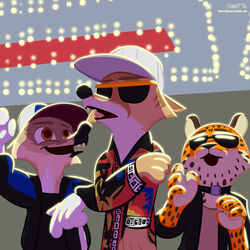  1:1 2016 absurd_res anthro brown_eyes canid canine canis cheetah clothed clothing collar disney eyewear fanartiguess fangs felid feline fox group hat headgear headwear hi_res male mammal nate_(smugbeverage) open_mouth open_smile signature smile sunglasses teeth text url wolf zootopia 