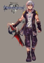  1boy aqua_eyes bad_link belt boots broken broken_weapon fingerless_gloves full_body gloves grey_hair highres hood hoodie keyblade kingdom_hearts kingdom_hearts_iii logo looking_at_viewer male_focus riku_(kingdom_hearts) smile solo vhazzrhossze walking way_to_the_dawn weapon 