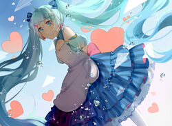  absurdly_long_hair absurdres arm_strap arms_behind_back blue_bow blue_eyes blue_hair blue_skirt bow commentary_request dress dutch_angle female floating_hair gatebox hair_between_eyes hair_ornament hairbow hairclip hatsune_miku heart heart_background highres kakami_(pixiv7616827) layered_skirt long_hair paper_airplane skirt sleeveless sleeveless_dress solo standing striped_bow striped_clothes striped_skirt twintails very_long_hair vocaloid white_legwear 