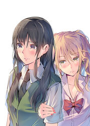  2girls aihara_academy_school_uniform aihara_mei aihara_yuzu arm_grab black_hair blonde_hair blush bow bowtie citrus_(saburouta) commentary daito dress_shirt earrings inseki jewelry light long_hair multiple_girls nail_polish necktie photoshop_(medium) purple_eyes red_nails school_uniform shirt step-siblings step-sisters tears wavy_mouth yuri 