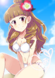  bad_id bad_pixiv_id beach bikini brown_hair day female flower hair_flower hair_ornament idolmaster idolmaster_cinderella_girls kamiya_nao long_hair photoshop_(medium) purple_eyes solo swimsuit ui_(majiwi) white_bikini 