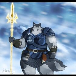  2018 anthro armello armor big_muscles black_bars black_nose bottomwear breasts canid canine canis clothed clothing female fur grey_body grey_fur hi_res huge_muscles hyper hyper_muscles league_of_geeks letterbox looking_at_viewer magna_(armello) mammal melee_weapon muscular muscular_anthro muscular_female outside polearm skirt snow solo spear weapon wolf xxsparcoxx 