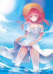  bad_id bad_pixiv_id blue_sky breasts choker cleavage clothes_lift cloud cloudy_sky commentary_request day dress dress_lift female hat highres lifting_own_clothes long_hair looking_at_viewer medium_breasts memai ocean original red_eyes red_hair sky solo sun_hat sunlight wading white_dress 