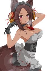  animal_ears apron arm_on_own_head arm_up bad_id bad_pixiv_id bare_shoulders breasts brown_hair choker cleavage corset dress female gem gloves hair_ornament jewelry large_breasts long_hair looking_at_viewer maid_headdress necklace oerba_yun_fang open_mouth original pantyhose personification red_eyes ribbon skull_hair_ornament smoke solo strapless strapless_dress syno tail waist_apron wolf_ears wolf_girl wolf_tail 