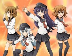  4girls :&lt; :d :o akatsuki_(kancolle) anchor_symbol black_hair black_pantyhose black_skirt black_socks black_thighhighs brown_hair commentary_request flat_cap folded_ponytail hair_between_eyes hair_ornament hairclip hat hibiki_(kancolle) ikazuchi_(kancolle) inazuma_(kancolle) kantai_collection kneeling long_hair long_sleeves multiple_girls nikukyuu_(vento-aureo-giogio) oerba_yun_fang open_mouth orange_background outstretched_arm outstretched_hand pantyhose parody parted_lips school_uniform serafuku shirt simple_background skirt smile socks standing star_(symbol) teeth thighhighs v-shaped_eyebrows white_hair white_shirt zettai_ryouiki 