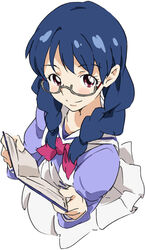  bespectacled blouse blue_hair book bow braid brown_eyes commentary female from_above glasses go!_princess_precure hair_over_shoulder holding holding_book looking_up nanase_yui noble_academy_school_uniform open_book precure purple_shirt school_uniform semi-rimless_eyewear serafuku shirt simple_background skirt smile solo twin_braids umanosuke under-rim_eyewear white_background white_skirt 