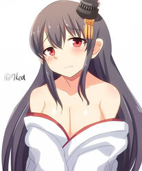  bare_shoulders black_hair breasts commentary_request detached_sleeves epaulettes female fusou_(kancolle) hair_ornament japanese_clothes kantai_collection large_breasts long_hair looking_at_viewer nontraditional_miko off_shoulder red_eyes shin&#039;yashiki solo 