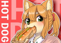  848siba brown_hair canine eating female furry green_eyes hot_dog ponytail school_uniform solo 