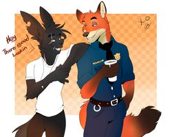  2017 5:4 anthro anthrofied badge belt beverage black_body black_fur black_hair bottomwear brown_body brown_fur canid canine checkered checkered_background clothed clothing coffee container cup dialogue dipstick_ears dipstick_tail disney disposable_cup duo ear_markings english_text eye_scar facial_scar fox fully_clothed fur gloves_(marking) gradient_background green_eyes greeting hair hand_in_pocket holding_container holding_cup holding_object jewelry kurorokanji lagomorph leporid looking_aside looking_at_another male mammal markings max_midnight multicolored_ears multicolored_tail name_tag necklace necktie nick_wilde notched_ear orange_body orange_fur pants pattern_background pockets police police_uniform rabbit red_fox scar shirt short_hair simple_background smile standing tail tail_markings text topwear true_fox uniform yellow_eyes zootopia 