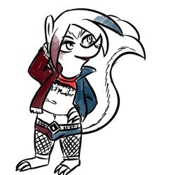  1:1 2017 anthro barefoot biped bulge claws clothed clothing disney english_text fan_character feet femboy hand_behind_head hand_on_hip hugh_muskroura inkyfrog jacket lipstick low_res makeup male mammal mephitid midriff navel partially_colored red_lipstick simple_background skunk solo text topwear white_background zootopia 