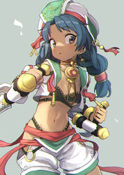  black_eyes bladed_tonfa blue_hair braid breasts chromatic_aberration commentary_request dark-skinned_female dark_skin dual_wielding earrings female gazacy_(dai) grey_background hat highleg highres holding jewelry looking_at_viewer midriff navel o-ring shorts simple_background small_breasts solo soulcalibur soulcalibur_vi talim tonfa twin_braids twintails weapon 