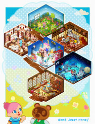  6+boys 6+girls animal_crossing baabara_(animal_crossing) bird blue_eyes bookshelf butch_(animal_crossing) cactus cake chair chief_(animal_crossing) chrissy_(animal_crossing) cloud commentary_request daruma_doll diana_(animal_crossing) dollhouse_view fish_tank flamingo floorplan flower food heart highres house instrument isabelle_(animal_crossing) isometric julian_(animal_crossing) maneki-neko mitzi_(animal_crossing) moe_(animal_crossing) multiple_boys multiple_girls official_style organ_(instrument) phone_booth photoshop_(medium) pink_hair polka_dot polka_dot_background ribbot_(animal_crossing) smile speech_bubble sprinkle_(animal_crossing) stairs stuffed_animal stuffed_panda stuffed_toy tia_(animal_crossing) tom_nook_(animal_crossing) viibean villager_(animal_crossing) window 