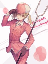  absurdres belt blonde_hair character_name commentary eosinophil_(hataraku_saibou) female fur-trimmed_headwear fur_hat fur_trim gloves hand_on_headwear hat hataraku_saibou highres holding holding_weapon jacket looking_at_viewer medium_hair nakiyu pants parted_lips pink_hat pink_jacket pink_pants polearm sasumata solo twintails ushanka weapon yellow_eyes 