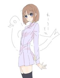  bird blue_eyes blush breasts brown_hair fate/prototype fate_(series) female sajou_ayaka short_hair sweater thighhighs 