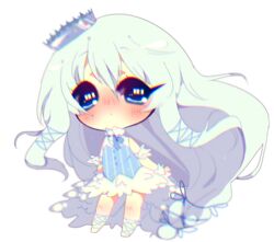  aqua_hair bad_deviantart_id bad_id black_eyes blue_dress blue_ribbon blue_string blush chariko chibi chromatic_aberration commentary commission crown dress english_commentary female full_body hair_between_eyes hair_ribbon knee_blush long_hair nose_blush ribbon silver_(metal) solo striped_clothes striped_dress transparent_background 