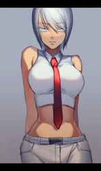  absurdres belt commentary_request crop_top expressionless female highres karakuri_circus kudara looking_at_viewer midriff necktie photoshop_(medium) shirogane_(karakuri_circus) short_hair silver_hair solo 