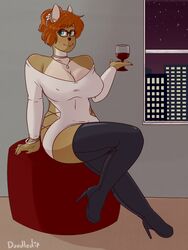  3:4 alcohol anthro ass beverage big_breasts blush boots breasts clothed clothing deer digital_media_(artwork) doodle_dip ear_piercing female footwear fur hair high_heeled_boots high_heels legwear long_hair mammal piercing smile solo sophia_(disambiguation) thigh_boots thigh_highs wine 